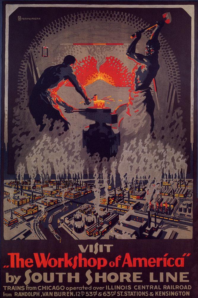 Visit the Workshop of America – South Shore Line Vintage Railroad Poster Print, Industrial Train Wall Art Decor