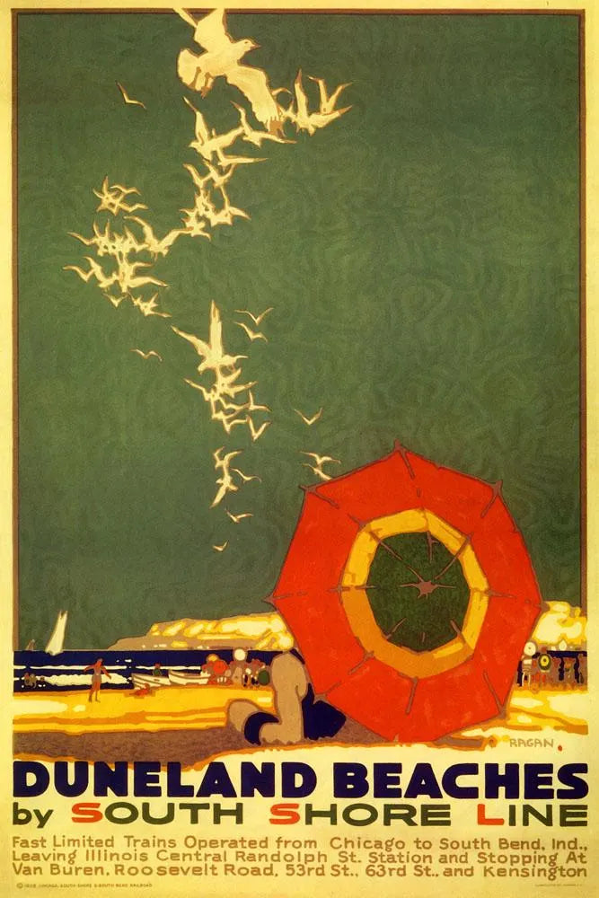 Duneland Beaches by the South Shore Line Vintage Travel Poster – Retro Indiana Dunes Beach Wall Art