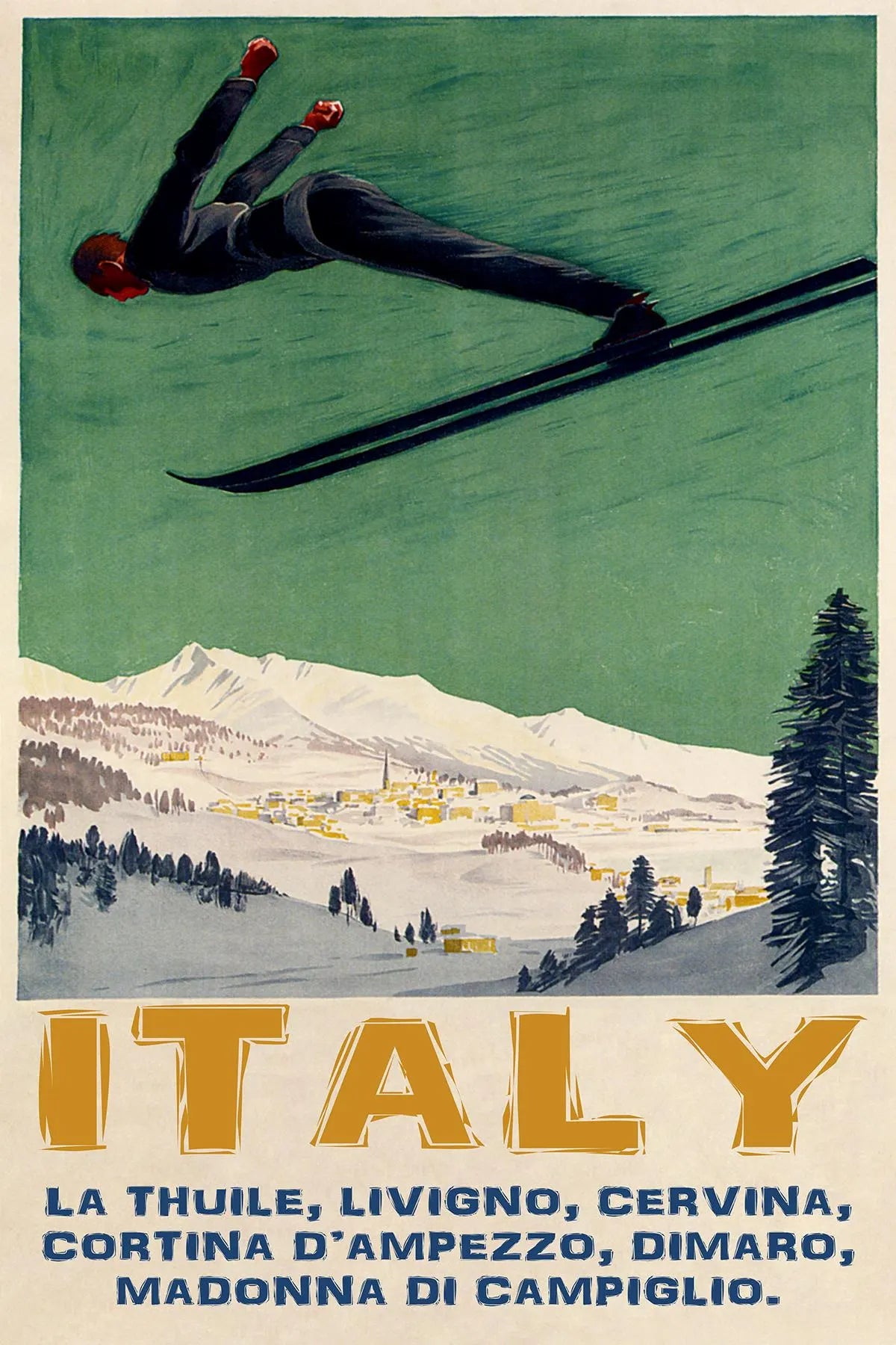 Italy Olympic Valley Ski Jumping Vintage Poster Print – Vintage Winter Sports Wall Art