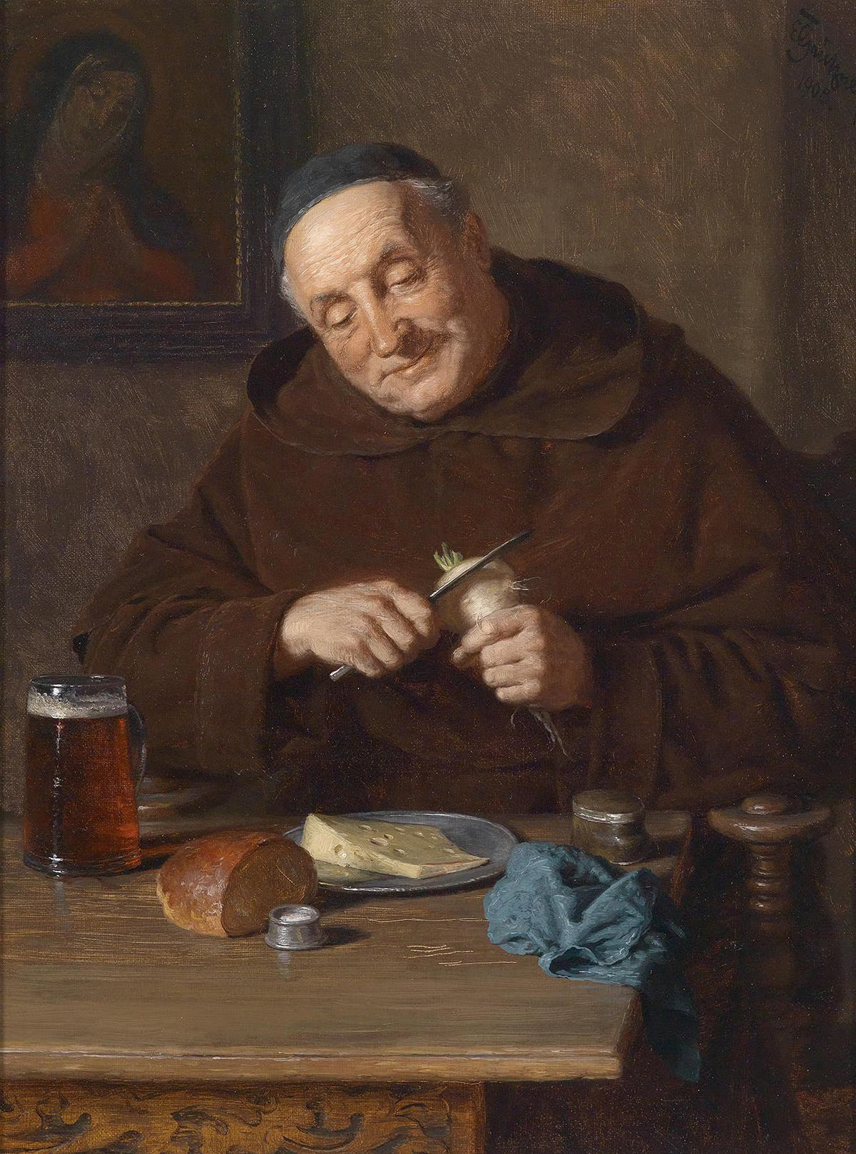 Eduard Grutzner - Vintage Monk with Bread, Cheese, & Beer Art Print
